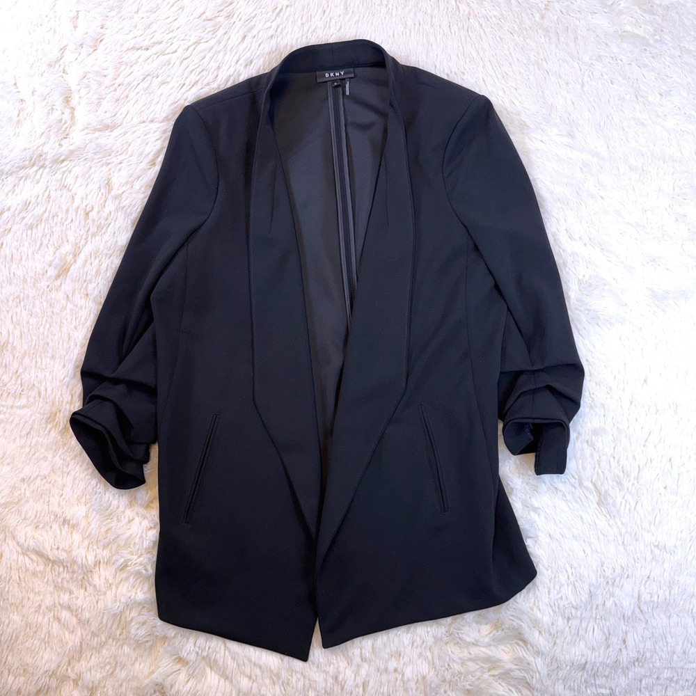 DKNY Blazer Women XL Black Ruched 3/4 Sleeve Open Front Shawl Lapel Crepe